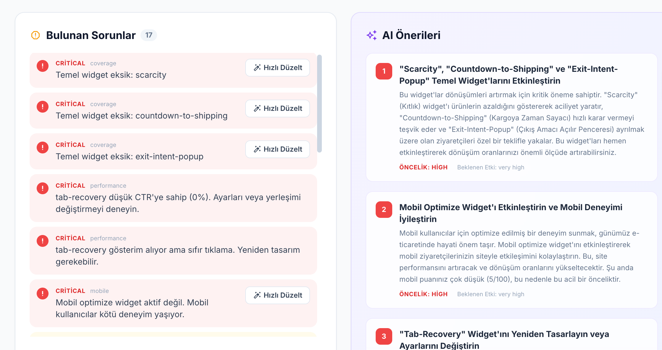 Bulunan Sorunlar listesi (CRITICAL) ve AI Onerileri — sorunlara gore aksiyona yonlendiren AI analizi