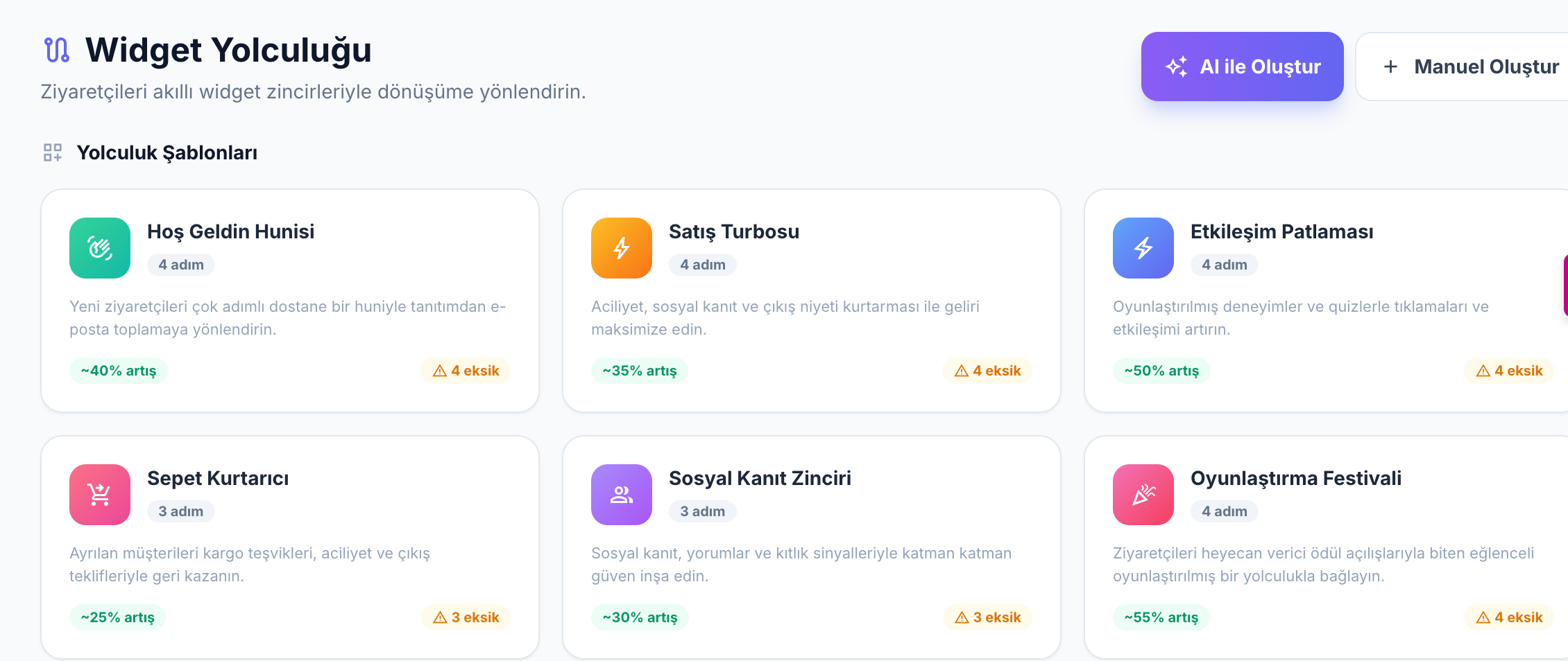 Widget Yolculugu — 6 yolculuk sablonu: Hos Geldin Hunisi, Satis Turbosu, Etkilesim Patlamasi, Sepet Kurtarici, Sosyal Kanit Zinciri, Oyunlastirma Festivali