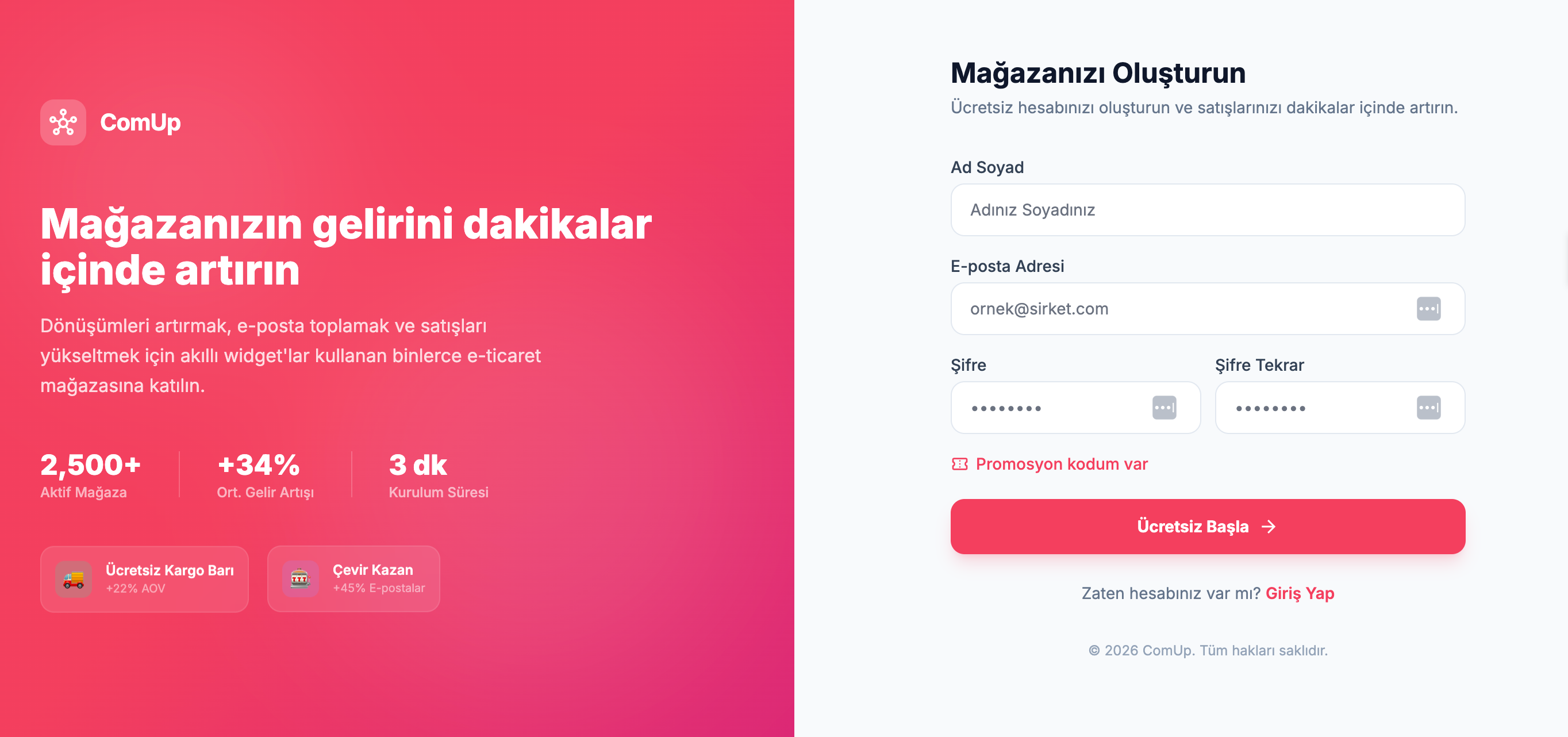 ComUp kayit sayfasi — Ad Soyad, E-posta, Sifre formu ve Ucretsiz Basla butonu