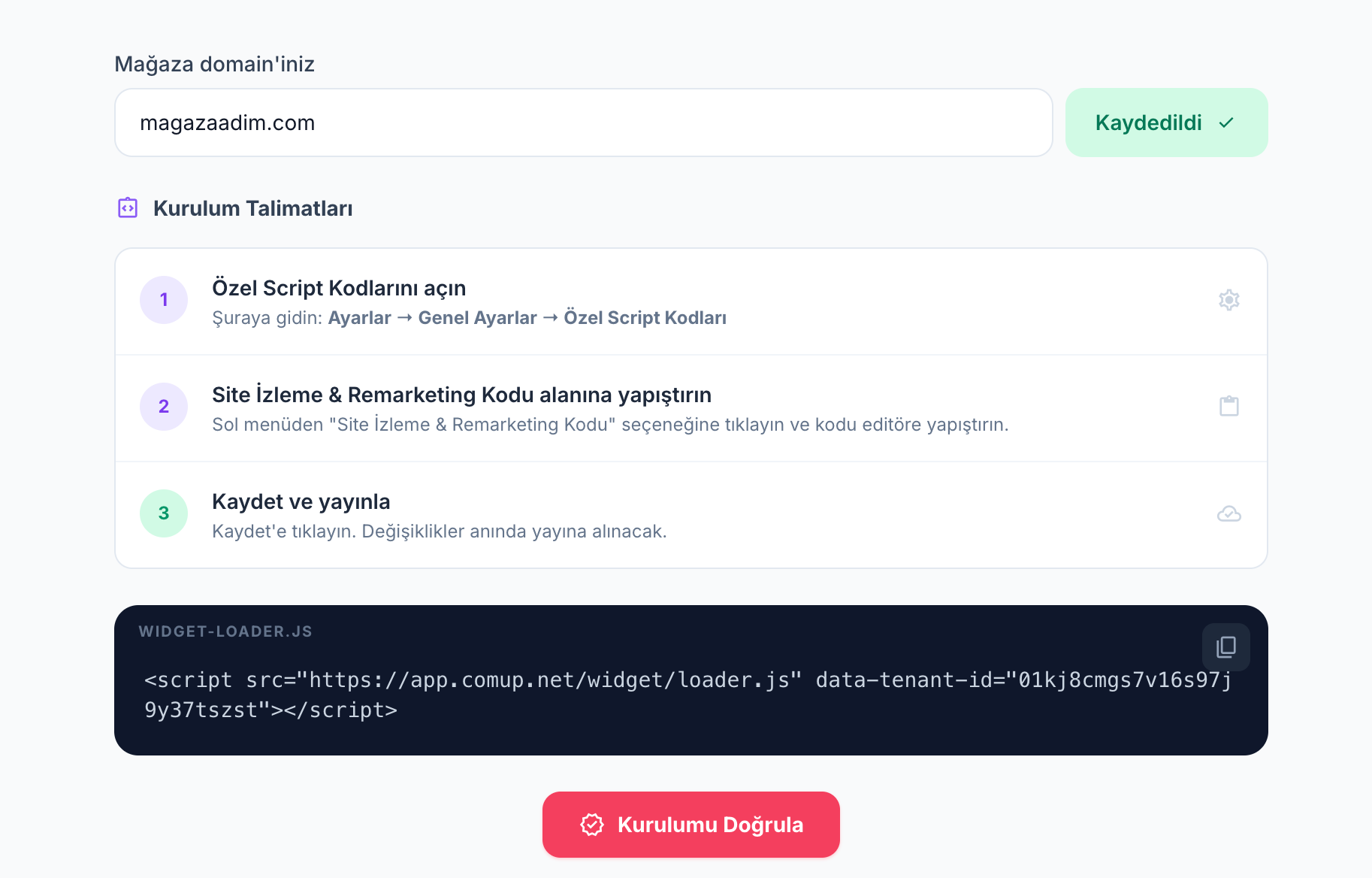 Script kodu ekrani — widget-loader.js ve Kurulum Talimatlari (IdeaSoft ornek)