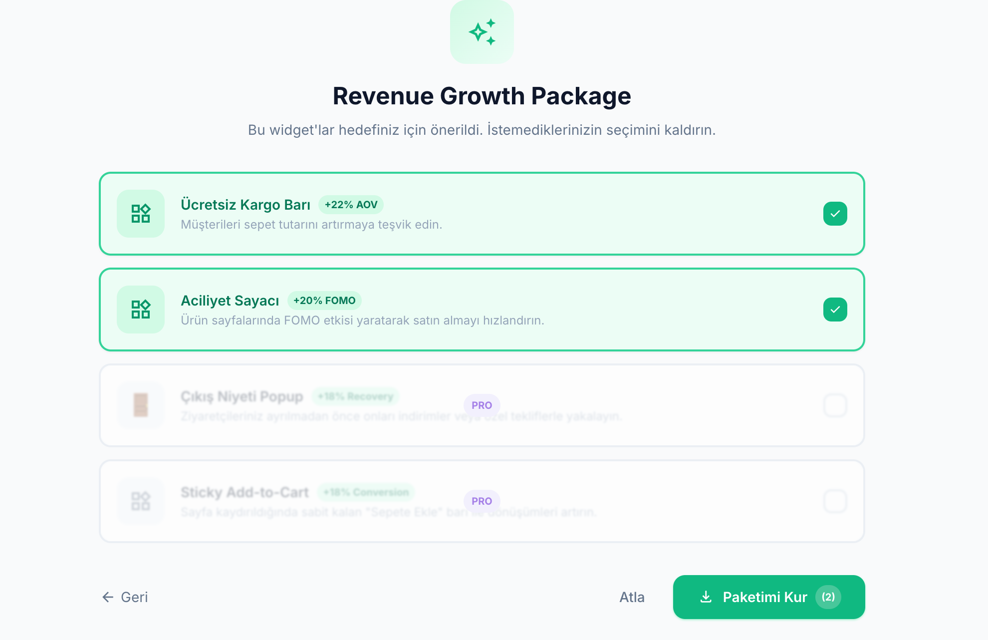 Onboarding Adim 3 — Revenue Growth Package: Ucretsiz Kargo Bari ve Aciliyet Sayaci secili, PRO widgetlar kilitli