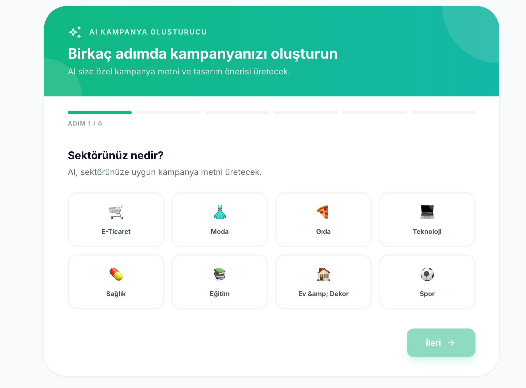 AI Olusturucu Adim 1 — Sektor secimi