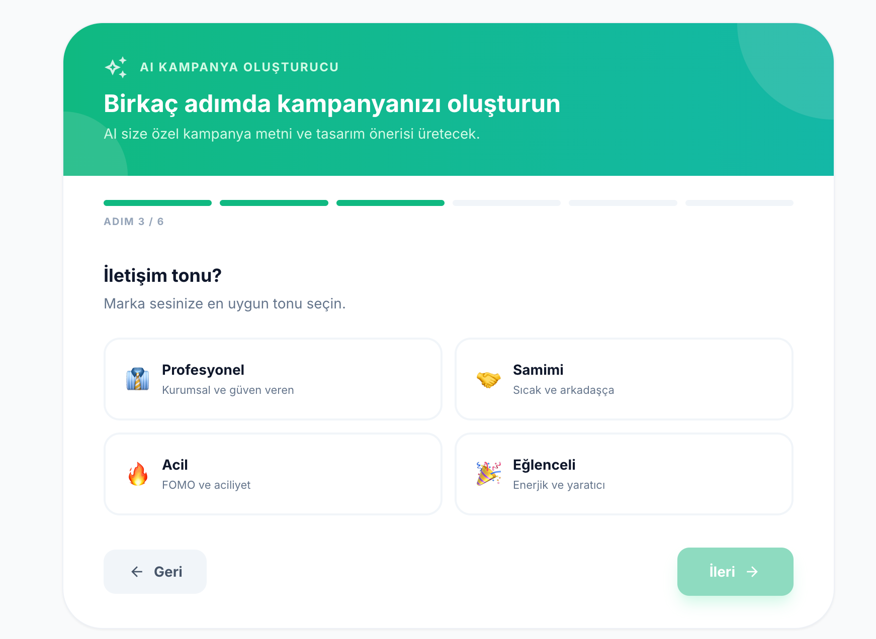 AI Olusturucu Adim 3 — Iletisim tonu secimi