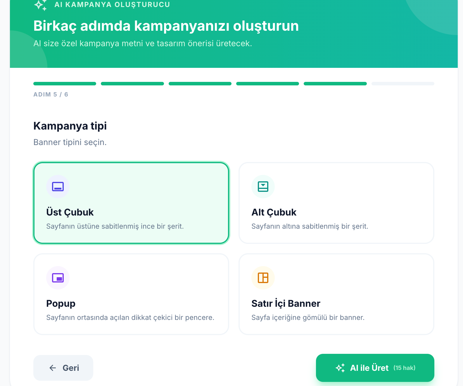 AI Olusturucu Adim 5 — Banner tipi secimi