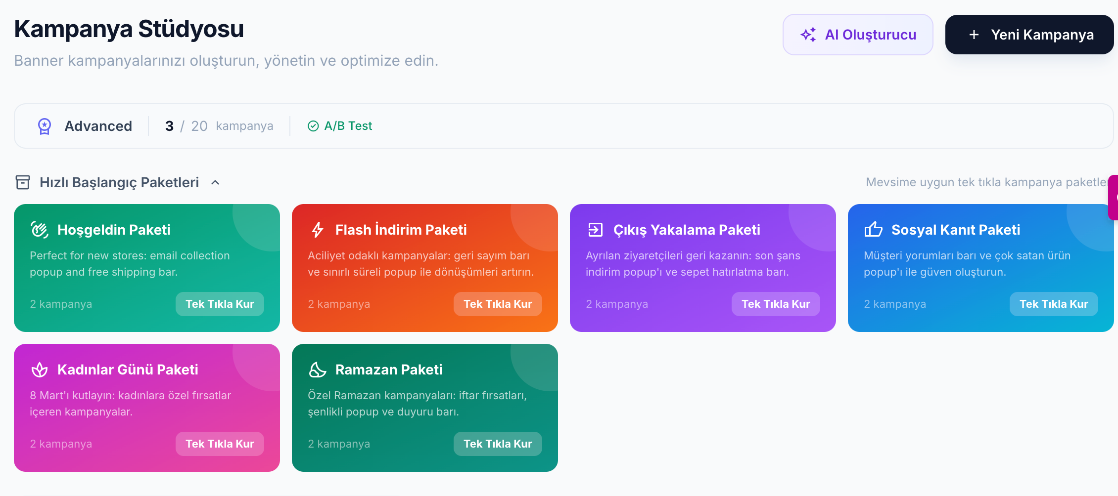 Kampanya Studyosu genel gorunum — hazir paketler ve kampanya listesi