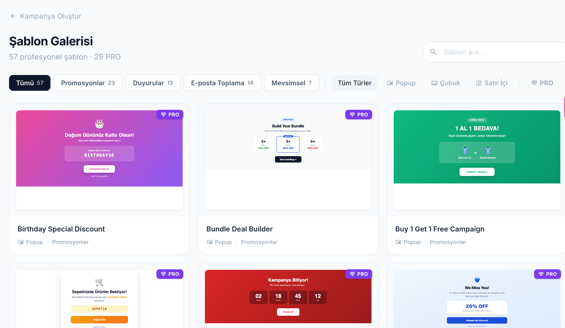 Sablon Galerisi — 57 profesyonel sablon, kategorilere gore filtreli